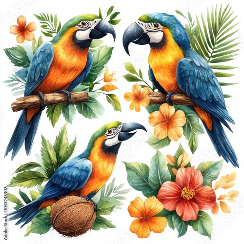 Watercolor style illustration of birds perched on bushes, flowers, bright colors, cute style, on a white background. It is a clip art that helps in various graphic design. photo