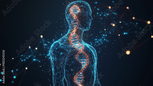 The idea of how technology is improving, shown by the DNA symbol connected to the human body.low poly digital wireframe.