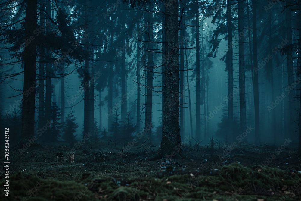 Naklejka premium Misty Enchanted Forest: A Journey Through Fog and Trees