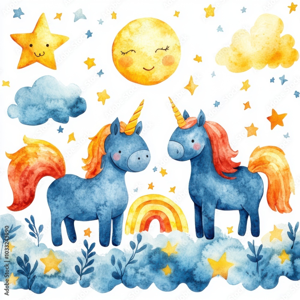 Obraz premium Watercolor style illustration of a unicorn in pastel tones, bright and cute style on a white background. It is a clip art that helps in various graphic design works.
