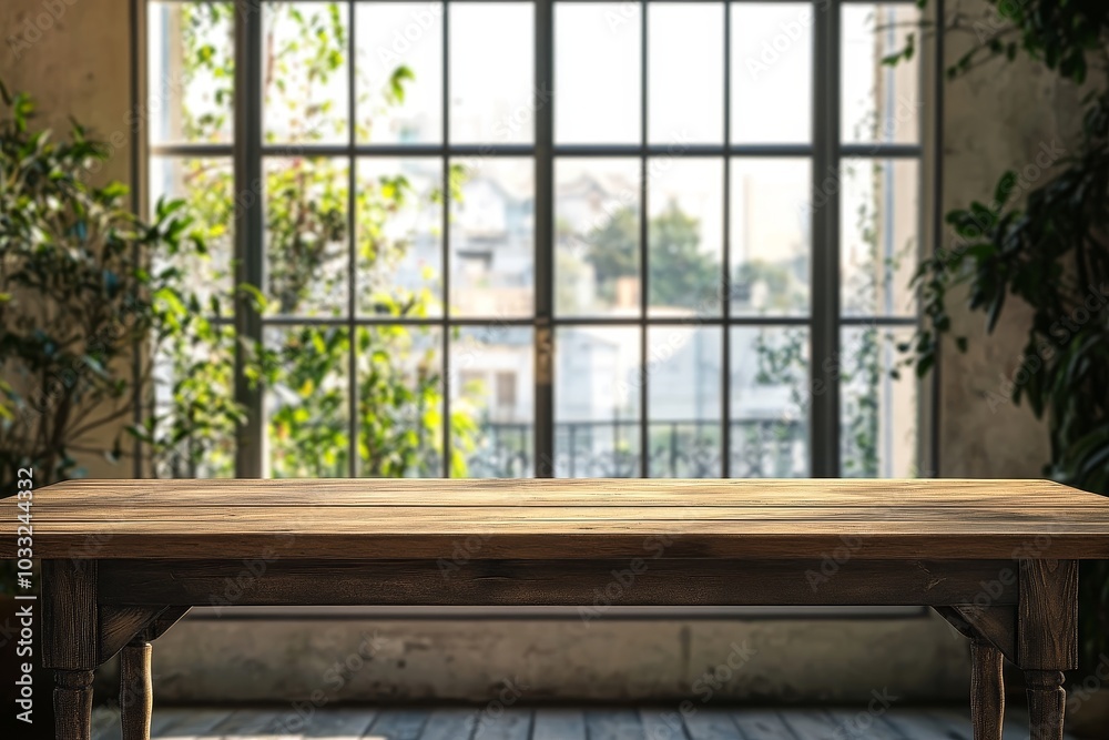 Wooden table in front of a window with a view of the city. Wooden table in front of a window with a view of the city.