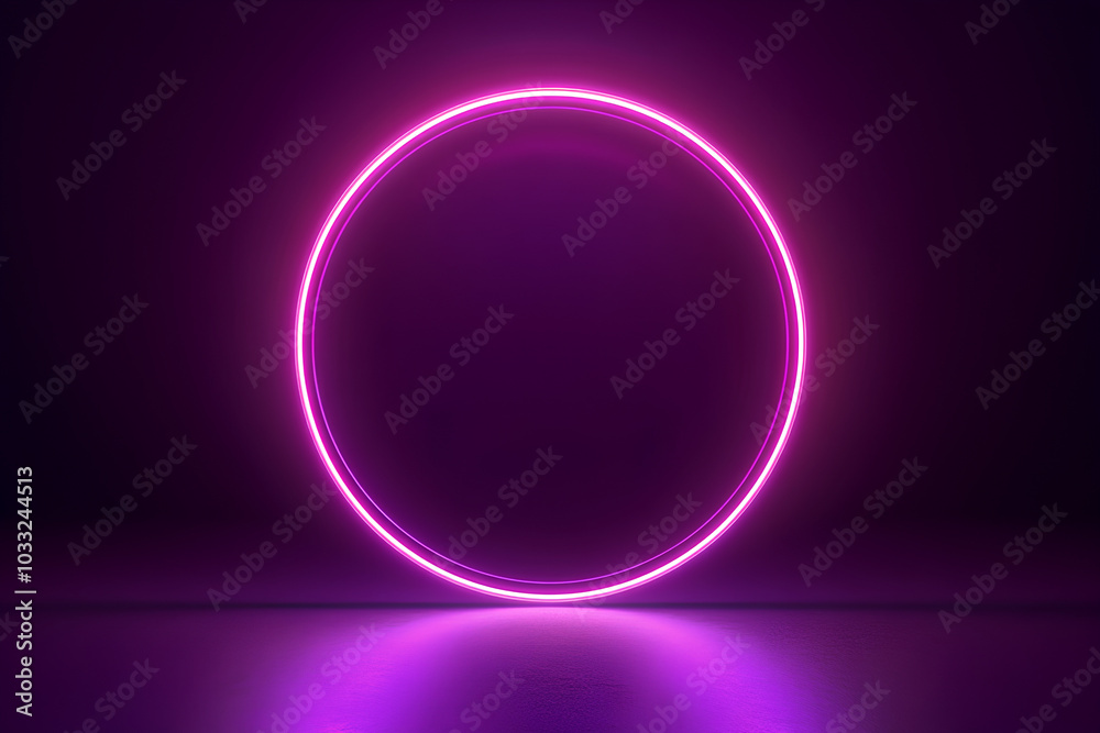 Render Neon circle rotation of frame with shining effects on dark background. Video animation Empty purple glowing techno backdrop. Round motion frame