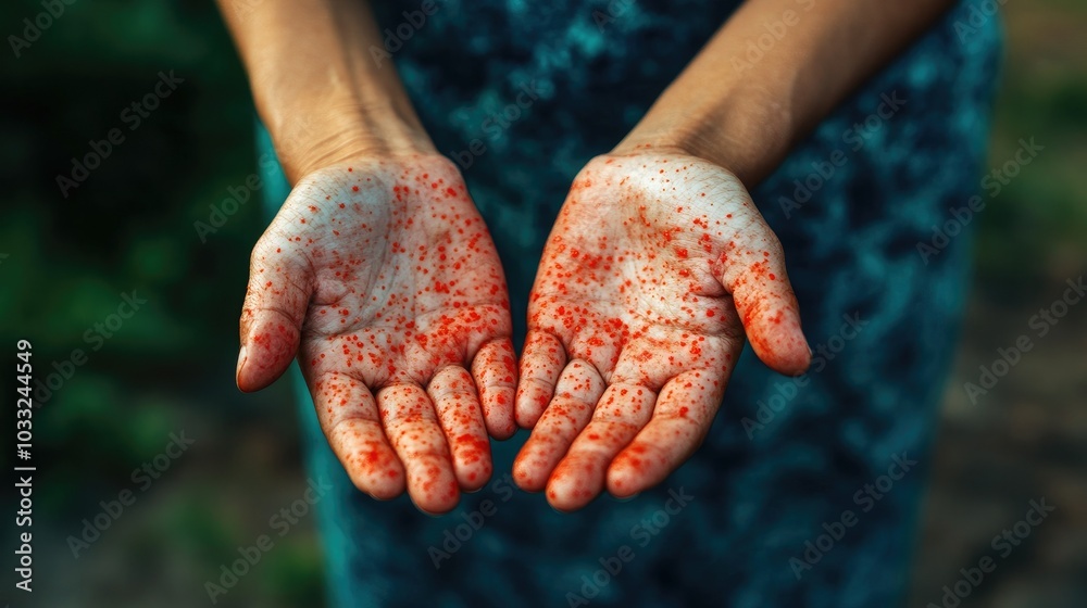 Fototapeta premium A man with red rash spots on his hands is showing them to the camera