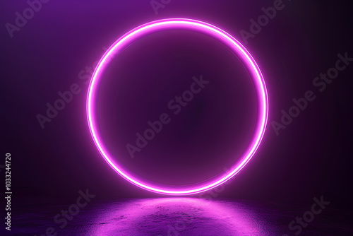 Render Neon circle rotation of frame with shining effects on dark background. Video animation Empty purple glowing techno backdrop. Round motion frame