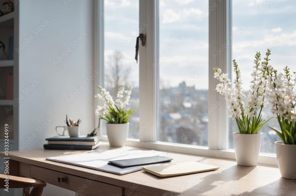 Fototapeta premium Sunny windowsill with white flowers and desk setup