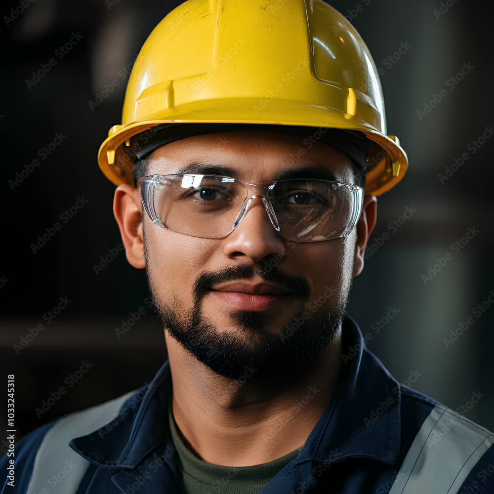 A worker wearing a yellow hard hat and safety glasses, smiling confidently in a work environment. A worker wearing a yellow hard hat and safety glasses, smiling confidently in a work environment.