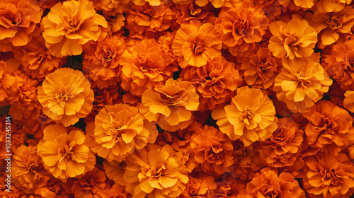 Tagetes erecta flowers wall background, banner. Cempasuchil Flower. Tagetes Erecta, Mexican Flower Of The Day Of The Dead. Orange mexican fall flower texture. Day of the Dead Marigold.