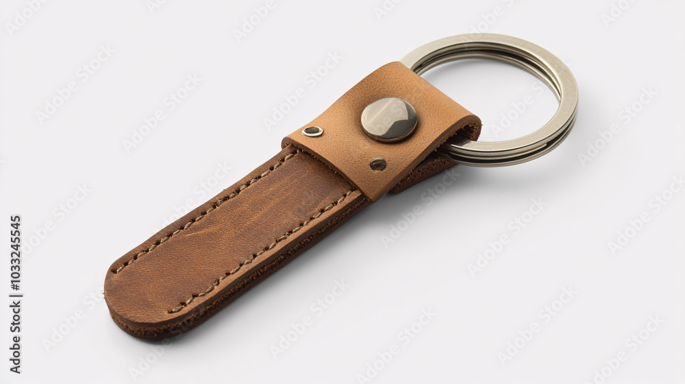 brown leather keyring with silver ring isolated on white background brown leather keyring with silver ring isolated on white background