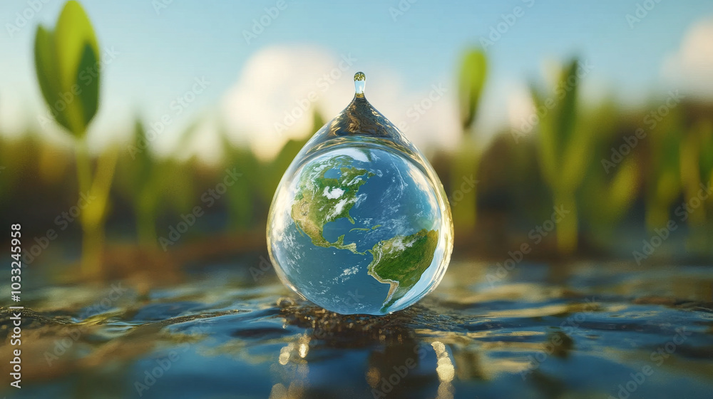 A simple infographic about our planet's environment, showing a drop of water with the Earth inside. A simple infographic about our planet's environment, showing a drop of water with the Earth inside.