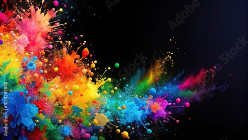 Abstract background with colorful paint splatters on black