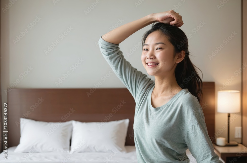 Smiling Asian woman in hotel room with white bedding Smiling Asian woman in hotel room with white bedding