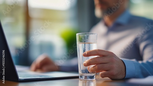 Business Man Working on Laptop with Glass of Water