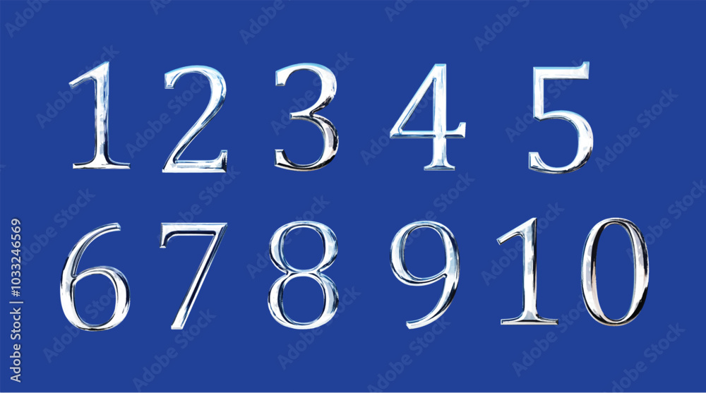 A set of metallic numbers from 1 to 10 isolated on blue. Vector illustration A set of metallic numbers from 1 to 10 isolated on blue. Vector illustration