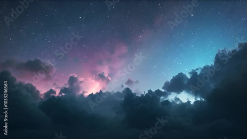 Wallpaper Mural Starry Sky with Dreamy Clouds at Twilight. A breathtaking view of dark clouds against a pastel-colored sky filled with stars, evoking serenity and the wonder of a peaceful twilight. Torontodigital.ca