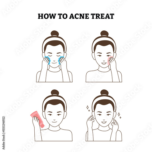 Set of how to acne treat step by step infographic guide poster design, clean the face for the girl. To clear acne and bright face. apply facial mask to treat acne tutorial, vector illustration.