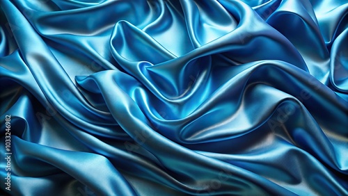 Abstract background with shiny blue silk folds and smooth flowing texture high angle