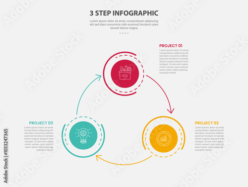 3 points template infographic outline style with 3 point step template with big circle with arrow line create circular cycle for slide presentation