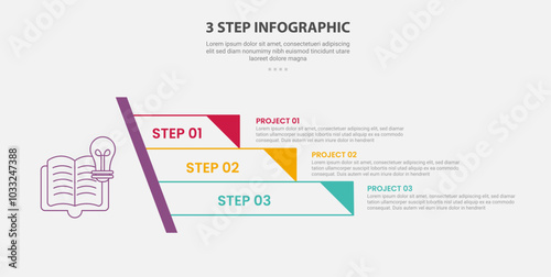 3 points template infographic outline style with 3 point step template with sharp rectangle stairway ladder with triangle edge for slide presentation