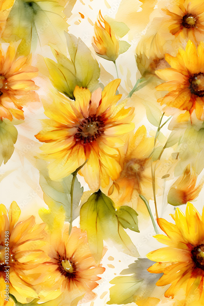 bright watercolor sunflower pattern with boho charm, ideal for fabrics, home decor, and artistic projects