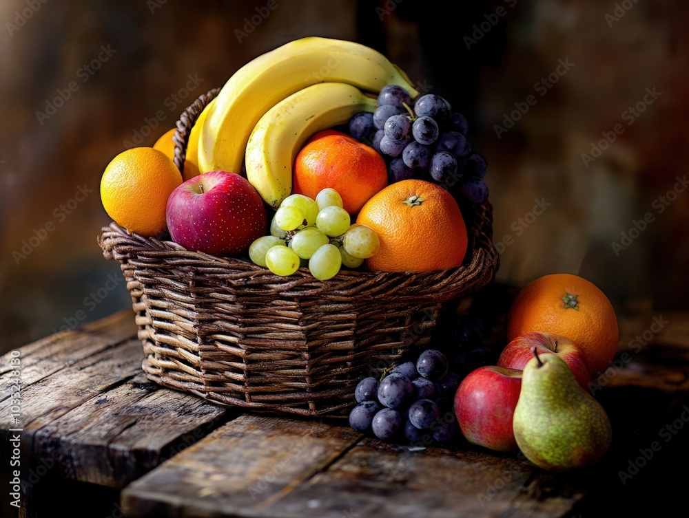 A basket filled with bananas, apples, oranges, grapes, and pears sits artfully arranged on a rustic wooden table, celebrating abundance and fresh produce. A basket filled with bananas, apples, oranges, grapes, and pears sits artfully arranged on a rustic wooden table, celebrating abundance and fresh produce.