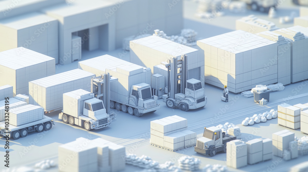 Moving goods around a factory smoothly and efficiently, shown with forklifts and trucks working together.low poly digital wireframe. Moving goods around a factory smoothly and efficiently, shown with forklifts and trucks working together.low poly digital wireframe.