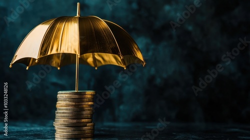 Wallpaper Mural Golden umbrella protecting a stack of money, symbolizing strong business insurance policies. Copy space for financial services. Torontodigital.ca