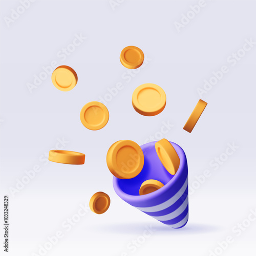 3d party popper with flying money coin. Render firecracker explosion full of golden coins icon. Gift, prize, bonus, surprise. Business growth, income, savings, investment, wealth. Vector illustration