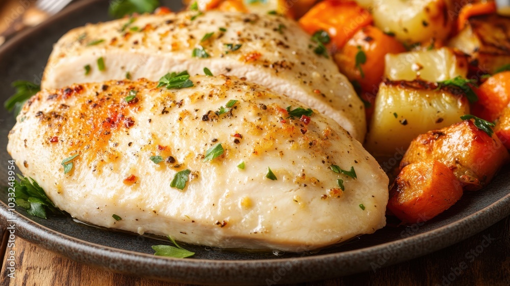 Grilled turkey chicken breast served with roasted vegetables on a rustic plate, garnished with herbs for a delicious and healthy meal. Grilled turkey chicken breast served with roasted vegetables on a rustic plate, garnished with herbs for a delicious and healthy meal.