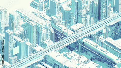 A drawing of a city with buildings and a skytrain, showing how cities are growing and using new technology.low poly digital wireframe. #1033248907