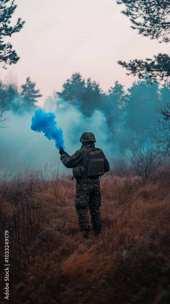 Soldier with Smoke Grenade in a Forest Soldier with Smoke Grenade in a Forest