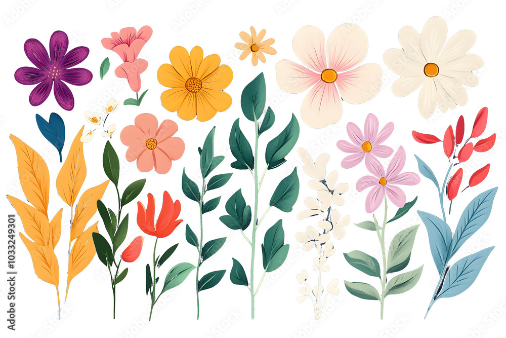 A set of fun flower and nature design elements. Flat hand drawn vector collection A set of fun flower and nature design elements. Flat hand drawn vector collection