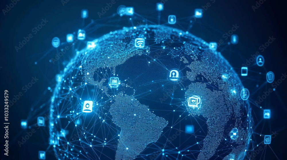 Today's technology connects the world. Imagine a globe covered in dots,each one showing how we communicate digitally with icons for things like emails,calls,and video chats.low poly digital wireframe.