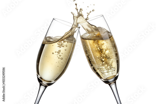 A close-up of champagne glasses clinking in mid-air, isolated on a transparent background