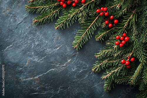 New Year's gray background with branches of a Christmas tree and a rowan tree. photo