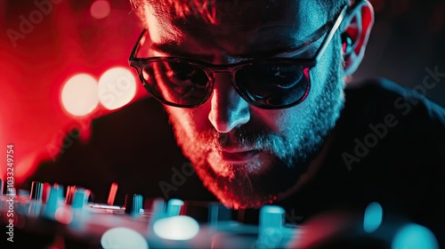 A DJ in Sunglasses Adjusting a Mixing Console with Red and Blue Lighting photo