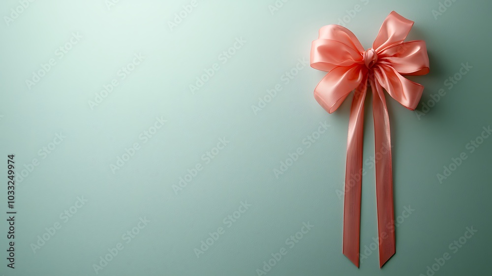 Delicate coral ribbon bow on soft mint background perfect for gift wrapping and decorative crafts Delicate coral ribbon bow on soft mint background perfect for gift wrapping and decorative crafts