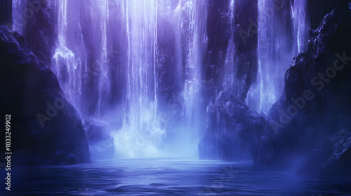 Holographic waterfall, energy cleansing visualization, ancient stones, mist