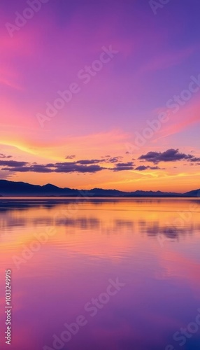 purple and orange sunset over a calm lake with mountains in the distance