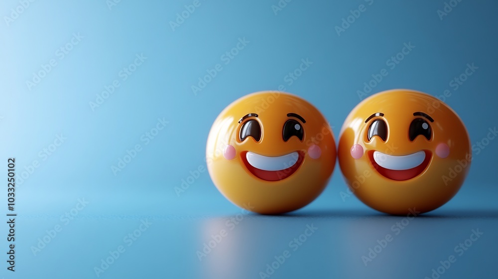 Playful 3D emoji characters bright smiles in a World Smile Day celebration Clean blue background with space for text on the left side representing mental health assessment and wellbeing Playful 3D emoji characters bright smiles in a World Smile Day celebration Clean blue background with space for text on the left side representing mental health assessment and wellbeing
