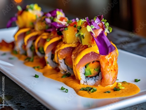 Tasty sushi rolls topped with fresh mango and tuna, garnished with an array of colorful ingredients that highlight the fusion of flavors and culinary presentation skills. photo