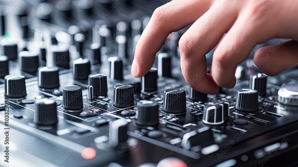 Close-up of a Finger Adjusting a Knob on a Mixing Console Close-up of a Finger Adjusting a Knob on a Mixing Console