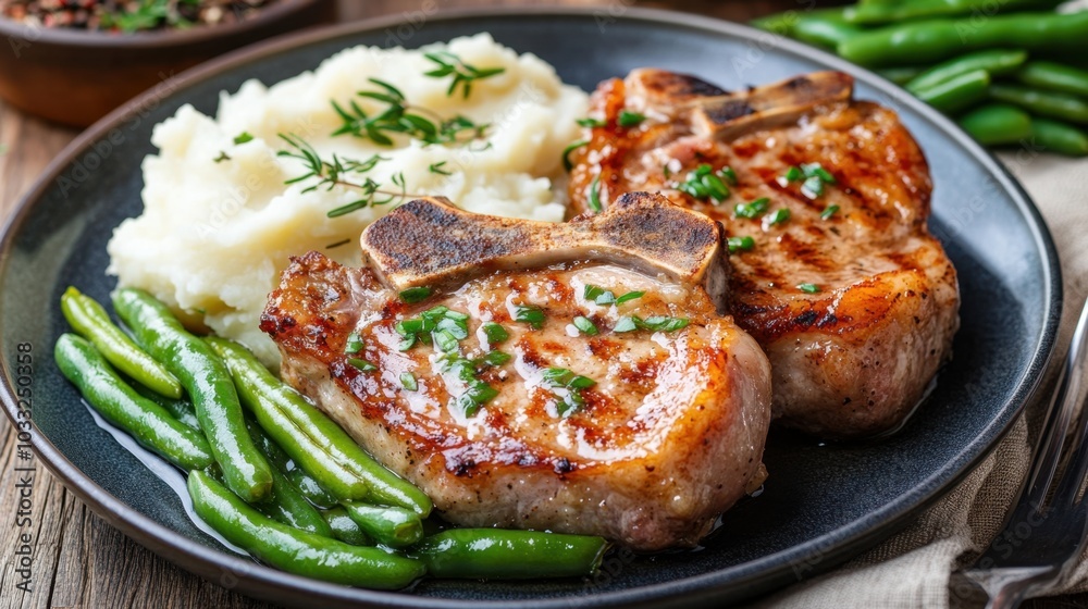 Perfectly cooked pork chops with green beans and mashed potatoes served on a rustic plate. Copy space for menu description. Perfectly cooked pork chops with green beans and mashed potatoes served on a rustic plate. Copy space for menu description.
