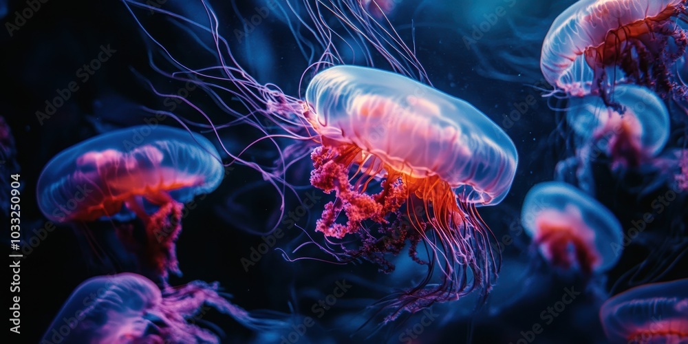 Fototapeta premium Neon jellyfish with long tentacles in dark water.