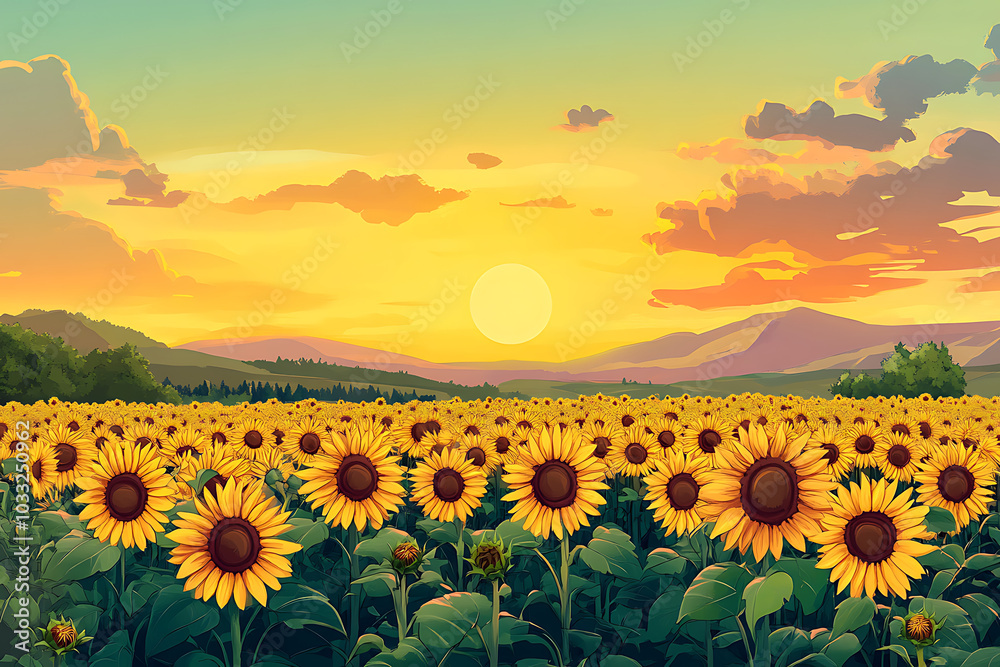 Fototapeta premium A vibrant field of sunflowers under a colorful sunset sky.