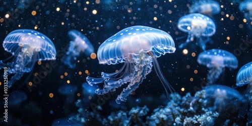 Glowing jellyfish in a dark, underwater scene.