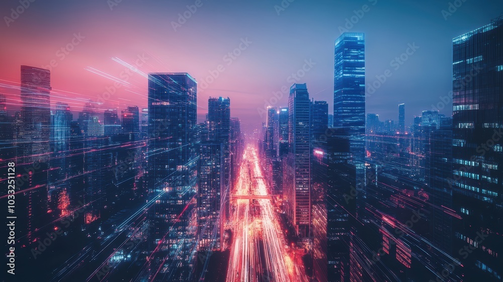 Fototapeta premium Neon city lights streak through skyscrapers.