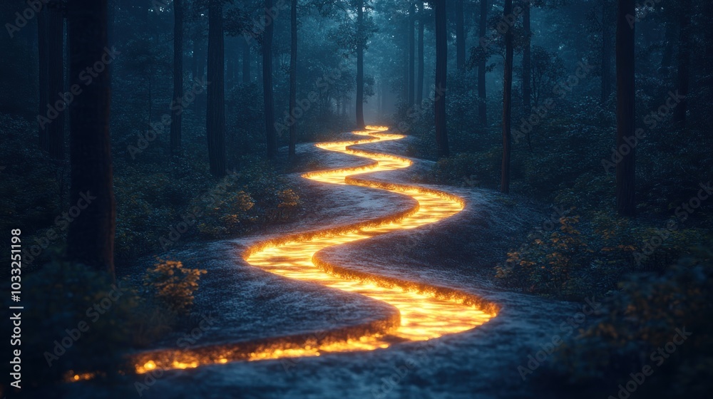 A winding path of glowing lava through a dark, misty forest. A winding path of glowing lava through a dark, misty forest.