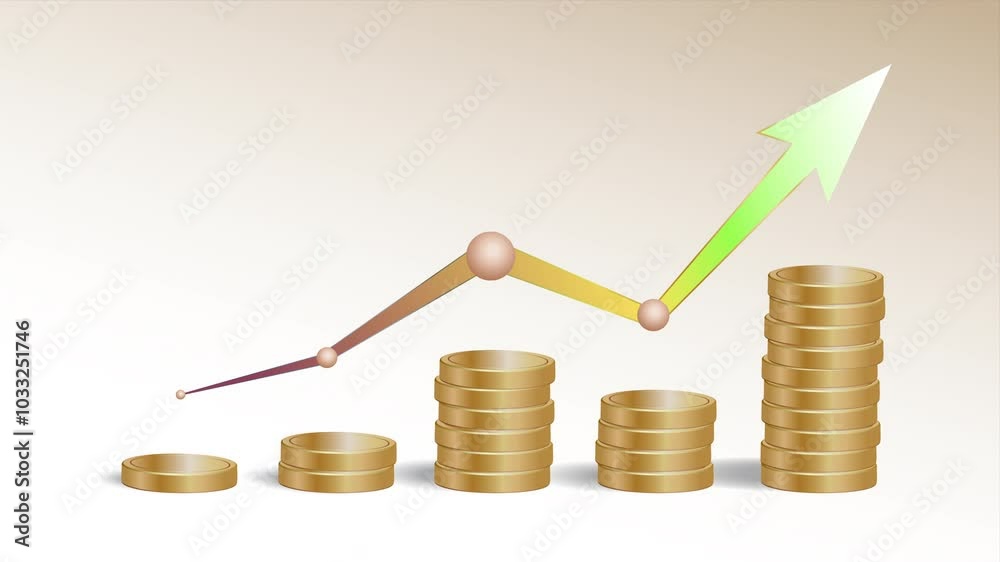 Animated video of a stack of golden coins with an decrease and increase arrow graph, symbolizing financial growth and success Animated video of a stack of golden coins with an decrease and increase arrow graph, symbolizing financial growth and success