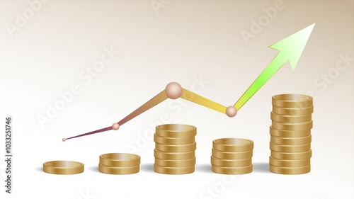 Animated video of a stack of golden coins with an decrease and increase arrow graph, symbolizing financial growth and success