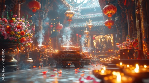 Serene temple interior adorned with lanterns and floral offerings.